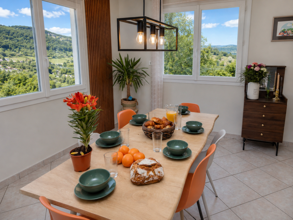 Salle à manger du Balcon de Compostelle avec vue panoramique près du Puy-en-Velay