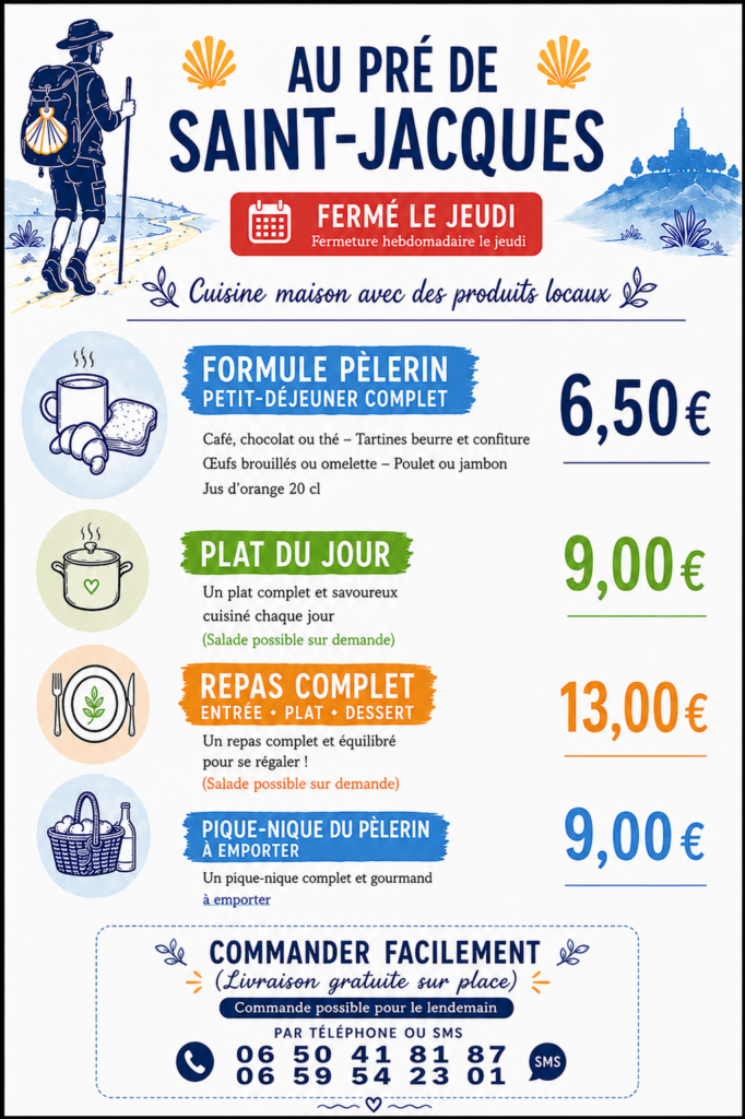 Formules repas et petit-déjeuner pour pèlerins – Au Pré de Saint-Jacques